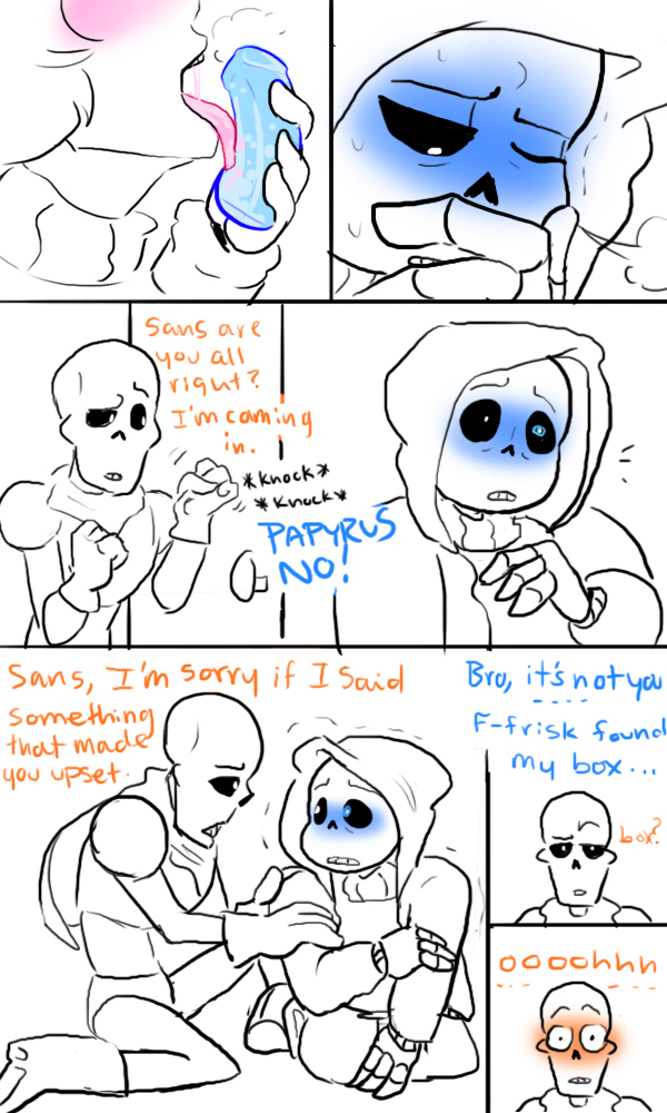 ... ambiguous_gender animated_skeleton blush bone clothing comic detachable detachable_penis dialogue door english_text human licking magic_penis male mammal nsfwshamecave oral papyrus_(undertale) protagonist_(undertale) sans_(undertale) simple_background skeleton sound_effects text tongue tongue_out undead undertale video_games