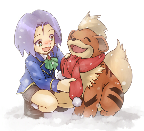 ascot blush child closed_eyes gen_1_pokemon green_eyes growlithe inumura_(inu_noya) kojirou_(pokemon) looking_at_another lowres male_focus open_mouth pokemon pokemon_(anime) pokemon_(classic_anime) pokemon_(creature) pom_pom_(clothes) red_scarf runny_nose scarf shorts smile snot_trail snow socks squatting younger