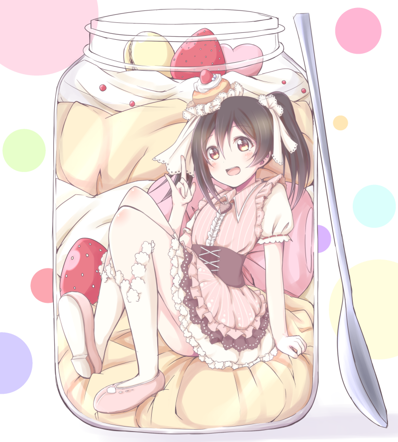 black_hair cake chiro dress female headphones love_live!_school_idol_project person_in_container pink_eyes ribbon solo sweets twintails yazawa_nico