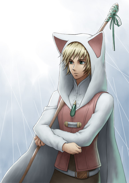 animal_ears animal_hood blonde_hair cape cat_hood devout final_fantasy final_fantasy_iii green_eyes hood hoodie ingus male_focus natsuki_(natsu-t) seer solo staff