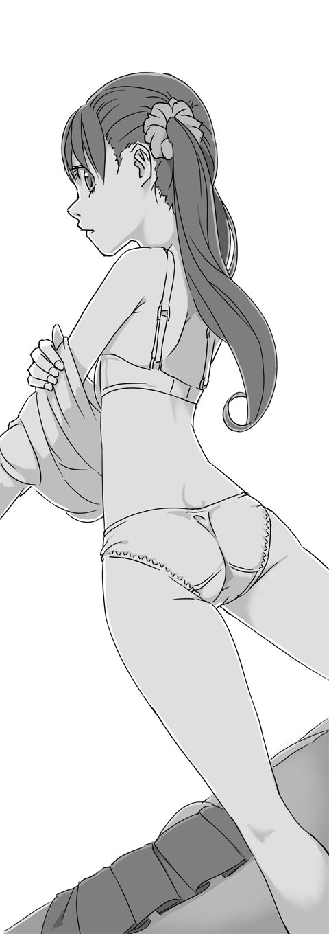 akinbo_(hyouka_fuyou) ass bad_id bad_pixiv_id blush bra from_behind greyscale highres long_hair looking_back monochrome panties precure sakagami_ayumi solo twintails underwear