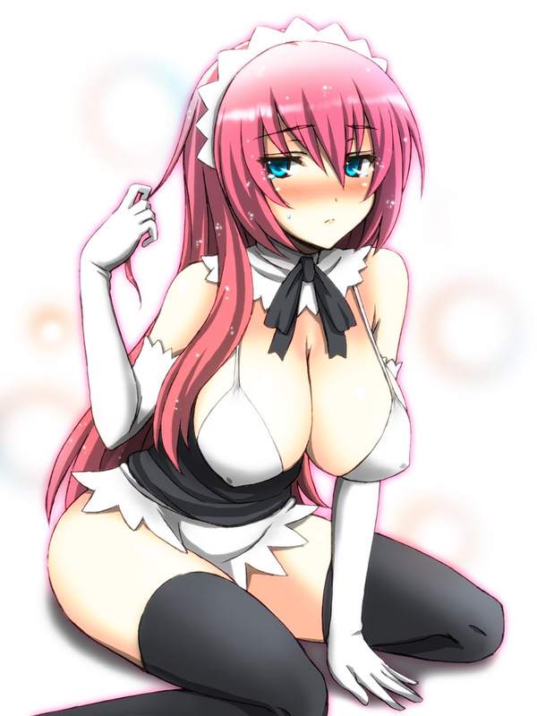 alternate_costume arm_support bare_shoulders bikini_top black_legwear black_neckwear black_ribbon blue_eyes blush breasts cleavage commentary_request covered_nipples detached_collar dress elbow_gloves enmaided gloves hair_pull large_breasts long_hair looking_at_viewer maid maid_headdress megurine_luka neck_ribbon nose_blush pink_hair ribbon short_dress solo sweat thighhighs vocaloid wakame white_dress white_gloves
