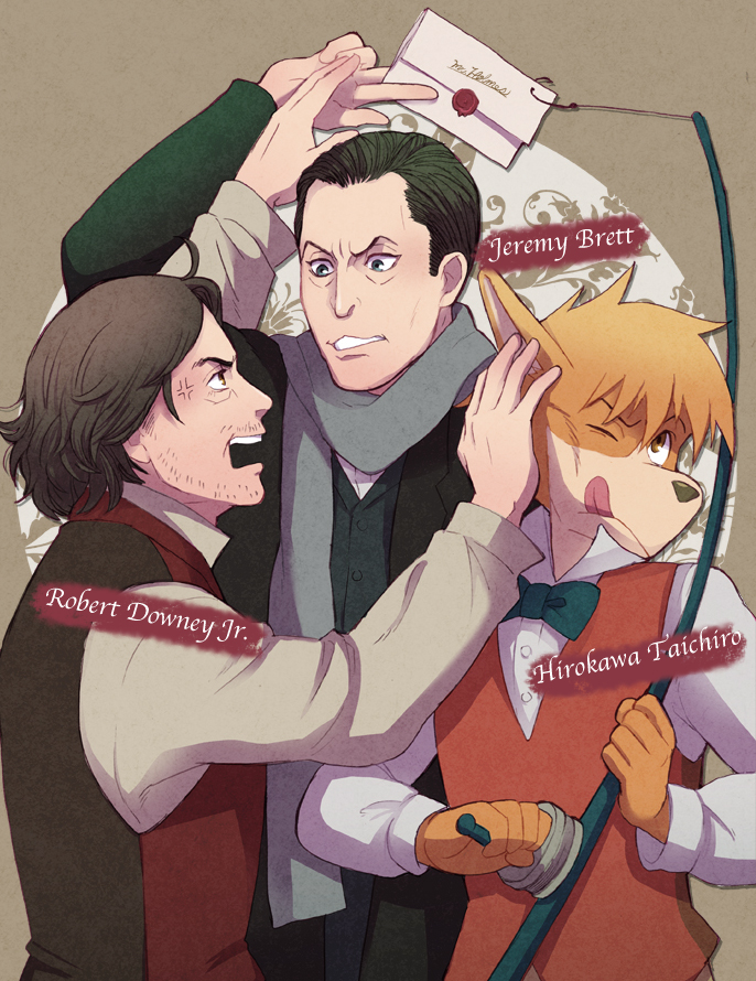 ;q akayama_takana anger_vein arm_up between_fingers black_hair blue_eyes bow bowtie buttons character_name clenched_teeth coat collared_shirt crossover dog facial_hair fighting fishing_hook fishing_line fishing_rod furry green_hair hair_slicked_back hand_on_another's_face hirokawa_taichirou holding jeremy_brett letter long_sleeves looking_at_another male_focus meitantei_holmes multiple_boys multiple_crossover mustache one_eye_closed open_mouth patterned_background profile pushing_away pushing_face reaching real_life real_life_insert robert_downey_jr. scarf sherlock_holmes sherlock_holmes_(1984_tv_series) sherlock_holmes_(meitantei_holmes) sherlock_holmes_(movie) shirt string teeth the_adventures_of_sherlock_holmes tongue tongue_out trait_connection upper_body vest yellow_eyes