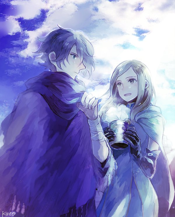 1boy 1girl blonde_hair bracelet cloak dress gloves hair_over_one_eye jewelry long_hair octopath_traveler okii open_mouth ophilia_(octopath_traveler) scarf short_hair smile therion_(octopath_traveler)