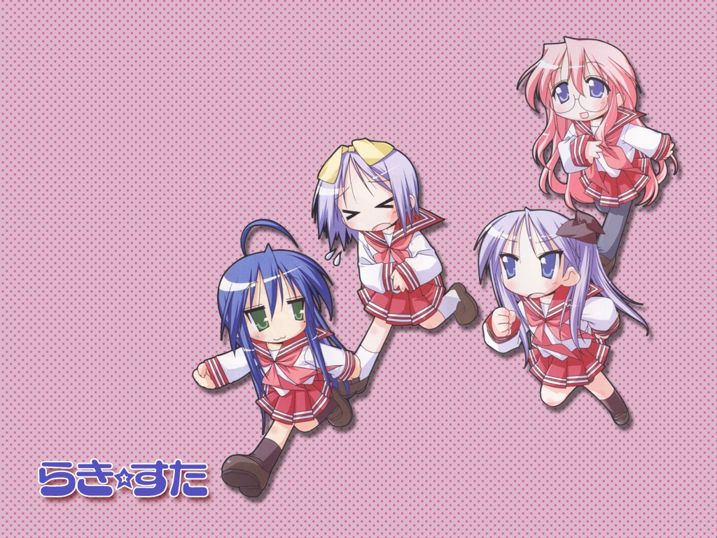 blue_eyes blue_hair chibi glasses green_eyes hiiragi_kagami hiiragi_tsukasa izumi_konata lucky_star pink_hair school_uniform seifuku serafuku takara_miyuki wallpaper yoshimizu_kagami