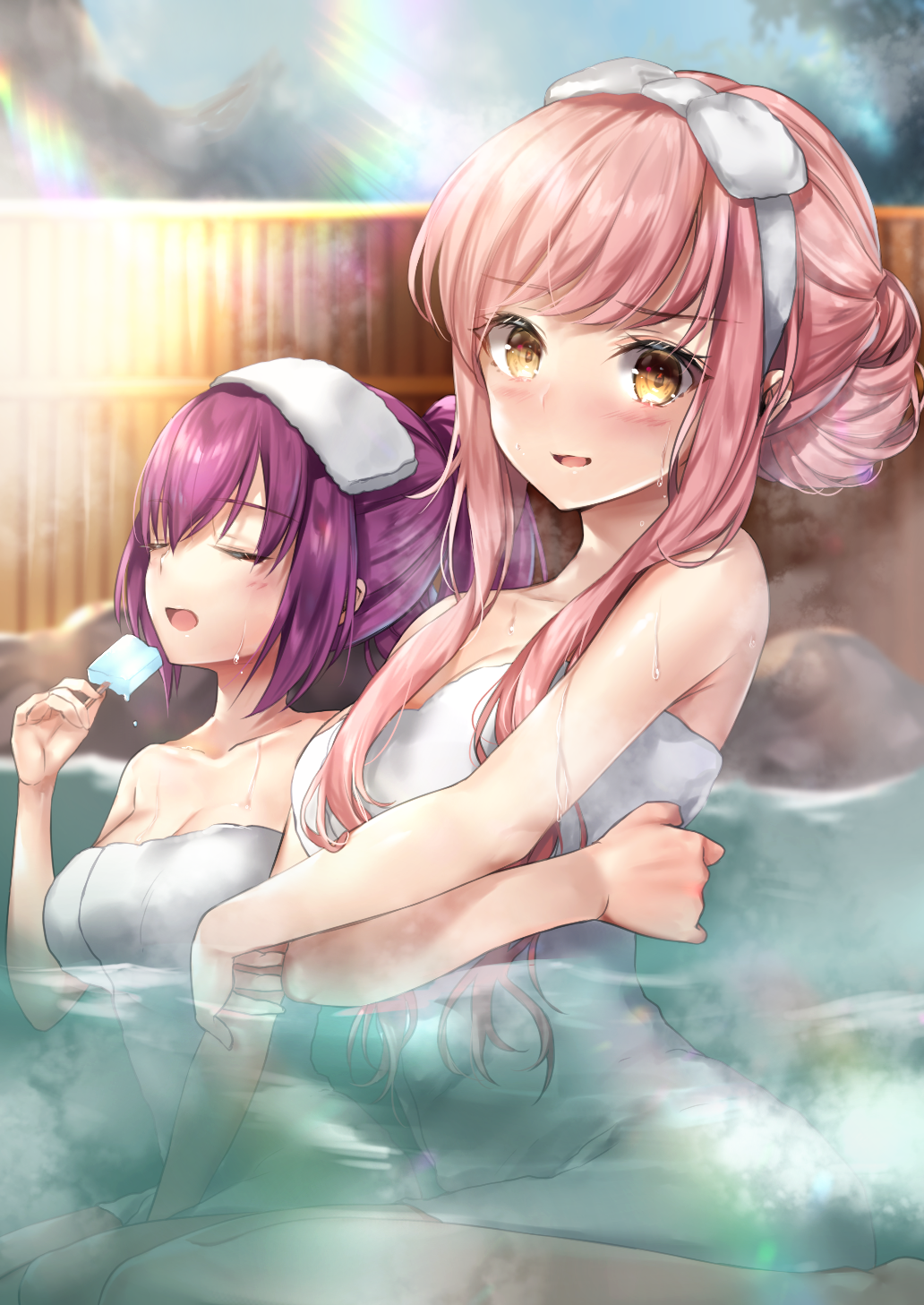 2girls bangs bare_shoulders bath bathing blunt_bangs blush breasts cleavage collarbone commentary_request crossed_arms eyes_closed fate/grand_order fate_(series) hair_between_eyes hair_bun hair_up hane_yuki highres large_breasts long_hair looking_at_viewer medb_(fate)_(all) medb_(fate/grand_order) medium_breasts multiple_girls naked_towel nose_blush onsen open_mouth outdoors partially_submerged pink_hair ponytail purple_hair rock scathach_(fate)_(all) scathach_(fate/grand_order) sidelocks sitting smile steam sunlight sweat tied_hair towel towel_on_head water wet wet_towel yellow_eyes