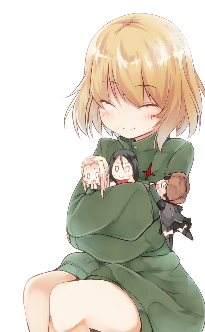 &gt;:) 4girls :d amai_nekuta black_hair black_legwear black_skirt blonde_hair blush_stickers chibi clara_(girls_und_panzer) closed_eyes closed_mouth girls_und_panzer green_shirt hanging_on hat hug hug_from_behind katyusha military military_uniform multiple_girls nina_(girls_und_panzer) nonna open_mouth own_hands_together pleated_skirt pravda_military_uniform school_uniform shirt simple_background skirt sleeves_past_wrists smile teardrop thighhighs uniform v-shaped_eyebrows white_background