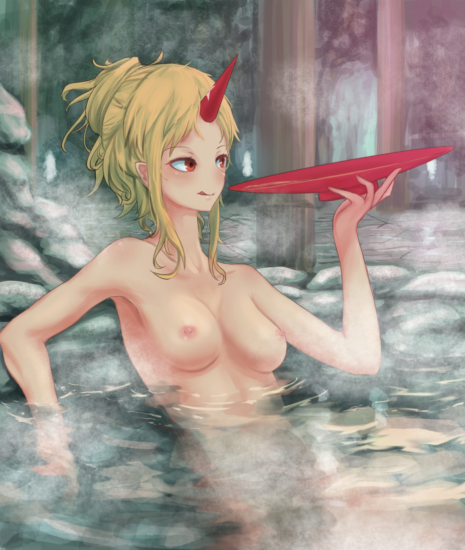 1girl :q alternate_hairstyle blonde_hair blush breasts collarbone commentary_request cup forehead hand_up holding holding_cup horn hoshiguma_yuugi medium_breasts nipples nude onsen partially_submerged red_eyes rock roke_(taikodon) sakazuki short_hair sidelocks sitting solo steam tied_hair tongue tongue_out touhou water