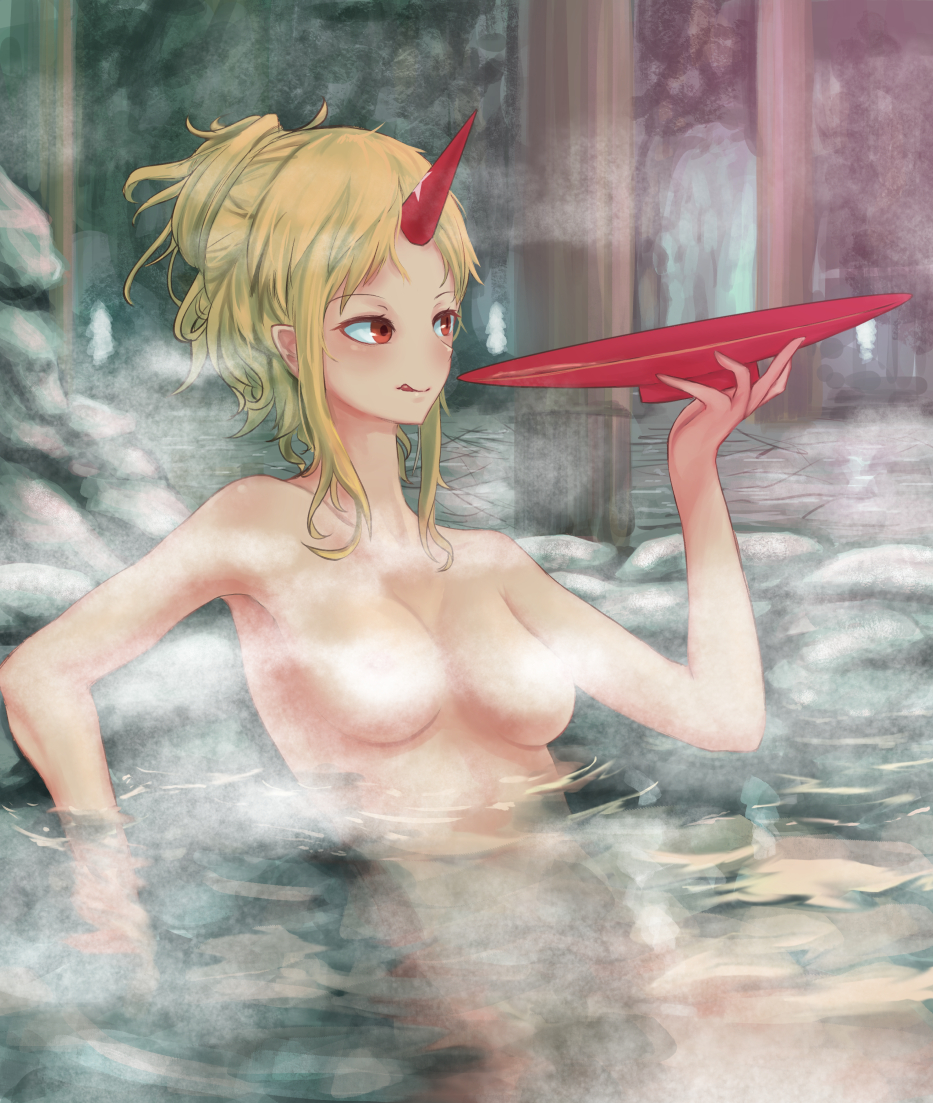 1girl :q alternate_hairstyle blonde_hair blush breasts collarbone commentary_request convenient_censoring cup forehead hand_up holding holding_cup horn hoshiguma_yuugi medium_breasts nude onsen partially_submerged red_eyes rock roke_(taikodon) sakazuki short_hair sidelocks sitting solo steam steam_censor tied_hair tongue tongue_out touhou water