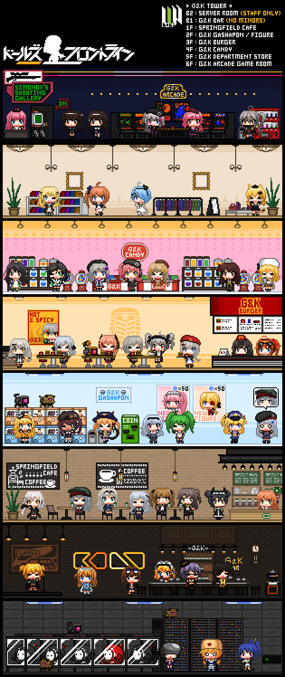 9a-91_(girls_frontline) agent_(girls_frontline) ak-12_(girls_frontline) an-94_(girls_frontline) arcade bar cafe candy_store character_request clothes dinergate_(girls_frontline) english fal_(girls_frontline) fast_food g11_(girls_frontline) gashapon girls_frontline grifon&amp;kryuger grizzly_mkv_(girls_frontline) highres hk416_(girls_frontline) k5_(girls_frontline) kalina_(girls_frontline) m16a1_(girls_frontline) menu_board mg4_(girls_frontline) multiple_girls music ootsuka_shin'ichirou ootsuka_shin'ichirou pixel_art pkp_(girls_frontline) pp-90_(girls_frontline) restaurant s.a.t.8_(girls_frontline) sangvis_ferri shop singing steyr_aug_(girls_frontline) super_shorty_(girls_frontline) tarantula_(girls_frontline) ump45_(girls_frontline) ump9_(girls_frontline) welrod_mk2_(girls_frontline) yuyukong