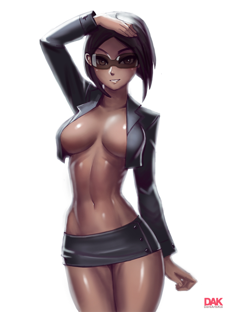 :d arm_at_side arm_up artist_name black_hair black_jacket black_skirt borrowed_character breasts breasts_apart brown_eyes cleavage collarbone cropped_jacket dark_arts_kai dark_skin esha_prasad hand_on_forehead jacket large_breasts legs_together long_sleeves looking_at_viewer midriff miniskirt navel no_bra open_mouth original pencil_skirt shiny shiny_skin simple_background skirt slender smile solo standing stomach sunglasses teeth white_background