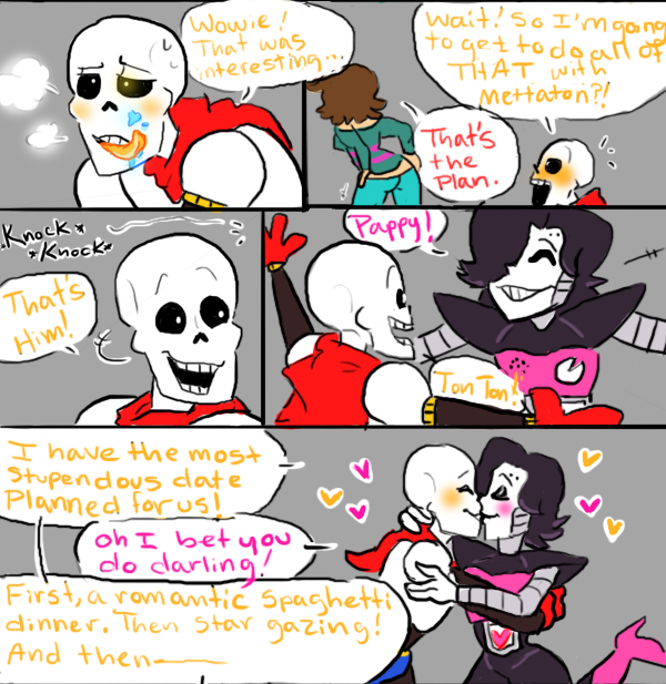 &lt;3 animated_skeleton blush bone comic dialogue english_text female human kissing machine male male/male mammal mettaton nsfwshamecave onomatopoeia papyrus_(undertale) protagonist_(undertale) robot skeleton sound_effects text tongue tongue_out undead undertale video_games