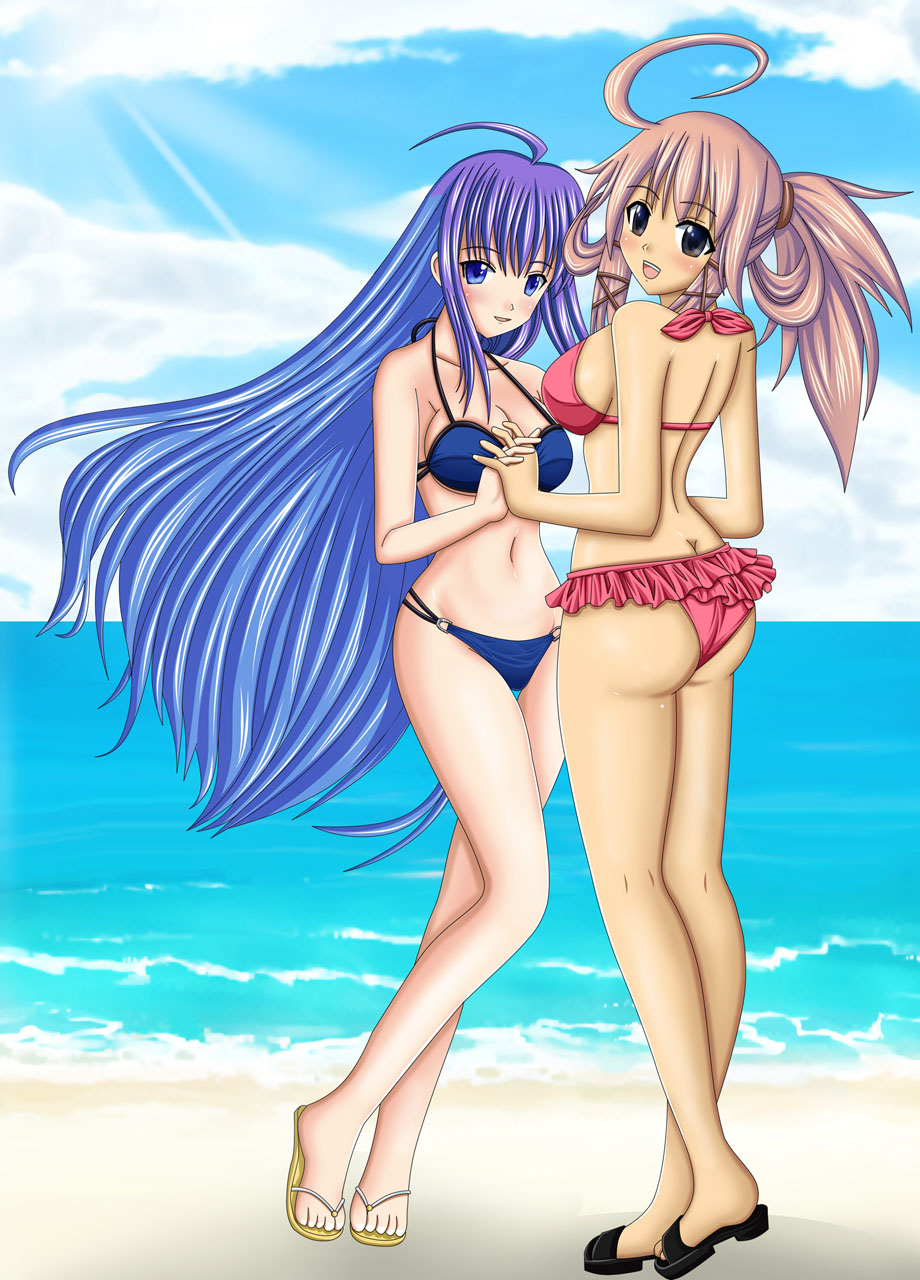 2girls atlus beach bikini breasts character_request female full_body hand_holding interlocked_fingers looking_at_viewer looking_back luminous_arc_2 multiple_girls seraphina swimsuit very_long_hair