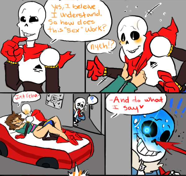 ! &lt;3 ? ?! animated_skeleton bed blush bone clothing comic dialogue english_text female food human imminent_sex ketchup male mammal not_furry nsfwshamecave papyrus_(undertale) protagonist_(undertale) sans_(undertale) skeleton sweat text undead undertale video_games