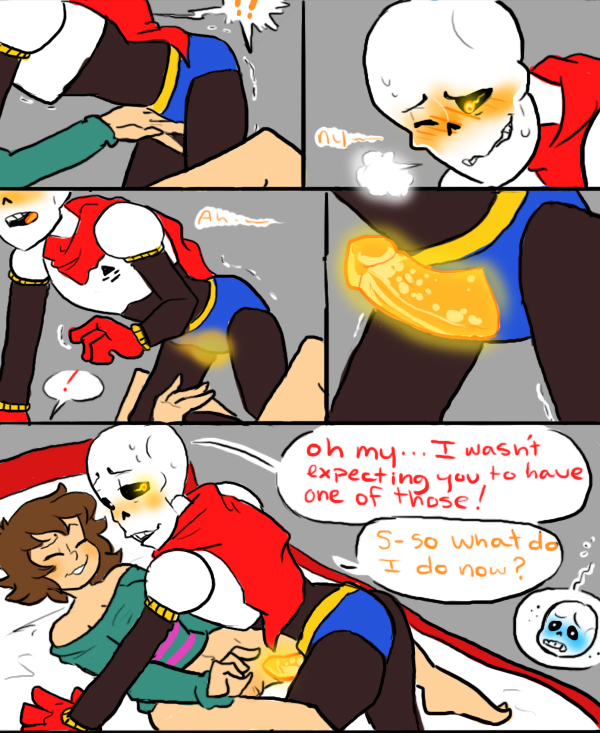 ! &lt;3 animated_skeleton bed blush bone clothing comic dialogue english_text female food human imminent_sex magic_penis male male/female mammal not_furry nsfwshamecave papyrus_(undertale) penis protagonist_(undertale) skeleton text undead undertale video_games