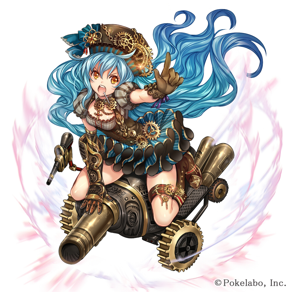 bangs blue_hair boots brown_footwear company_name cross dress full_body gauntlets gears gloves hair_between_eyes hat long_hair madogawa official_art open_mouth outstretched_arm puffy_short_sleeves puffy_sleeves ribbon sengoku_gensoukyoku short_sleeves simple_background sitting smoke solo sparkle very_long_hair white_background yellow_eyes