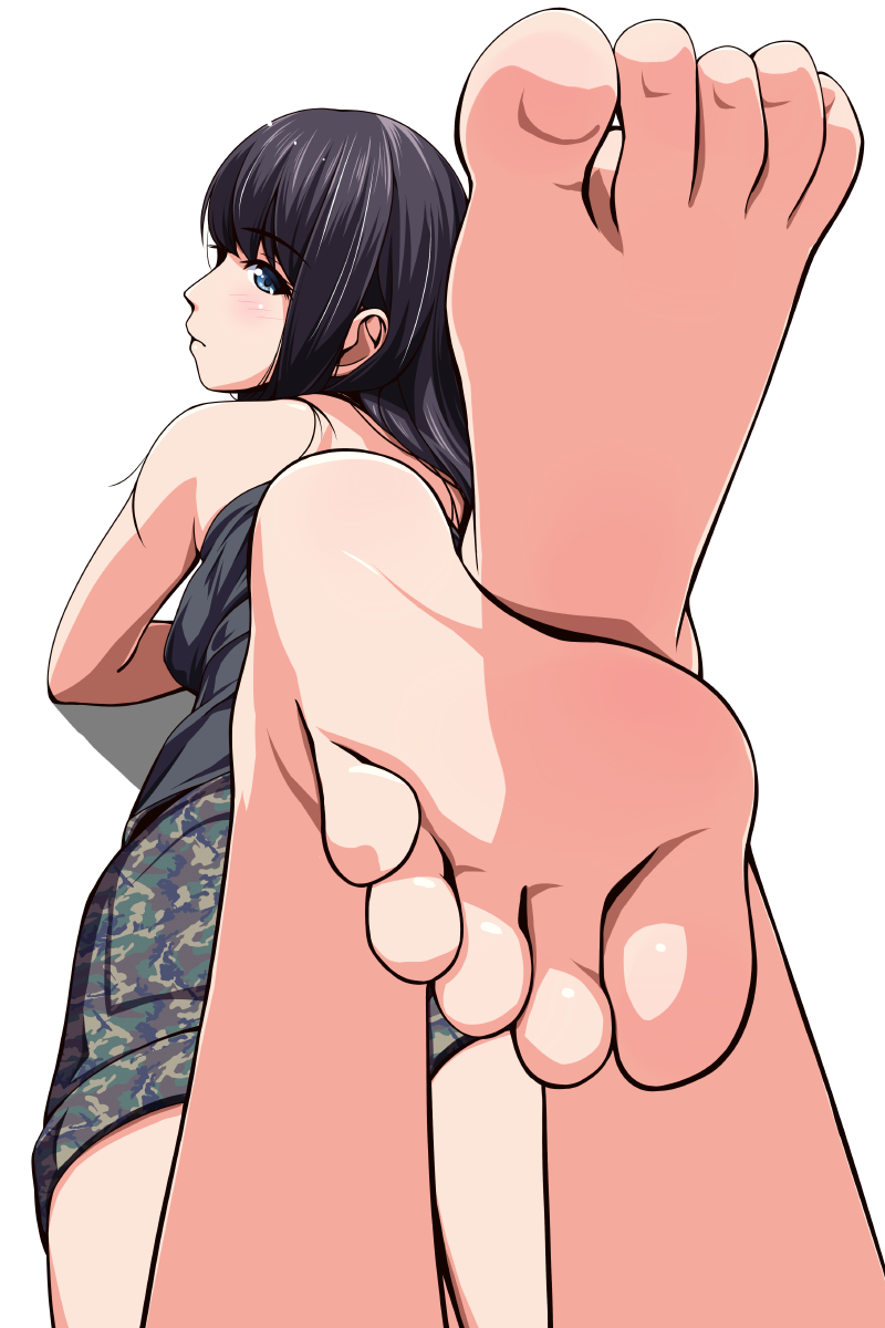 bare_legs bare_shoulders barefoot black_hair blue_eyes blush camouflage camouflage_shorts closed_mouth expressionless eyebrows eyebrows_visible_through_hair feet feet_up foreshortening from_behind highres legs_up long_hair looking_back lying matsunaga_kouyou on_stomach original pov_feet profile shorts simple_background soles solo strapless the_pose toes tubetop white_background