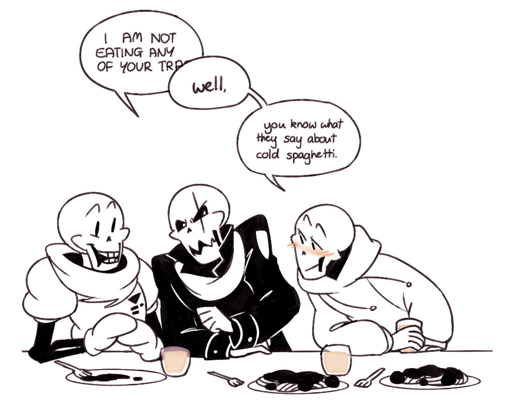 alcohol animated_skeleton beverage bone clothing comic cup dialogue food fork gloves hoodie min-play_(artist) papyrus_(undertale) pasta scar scarf skeleton spaghetti undead underfell underswap undertale video_games