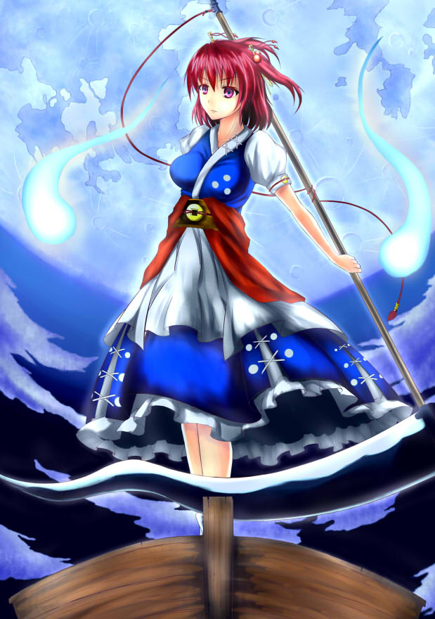 backlighting boat breasts commentary_request full_moon hair_bobbles hair_ornament hazuki_gyokuto hitodama holding holding_weapon japanese_clothes large_breasts moon obi onozuka_komachi puffy_short_sleeves puffy_sleeves red_eyes red_hair sash scythe short_sleeves solo standing touhou two_side_up watercraft weapon