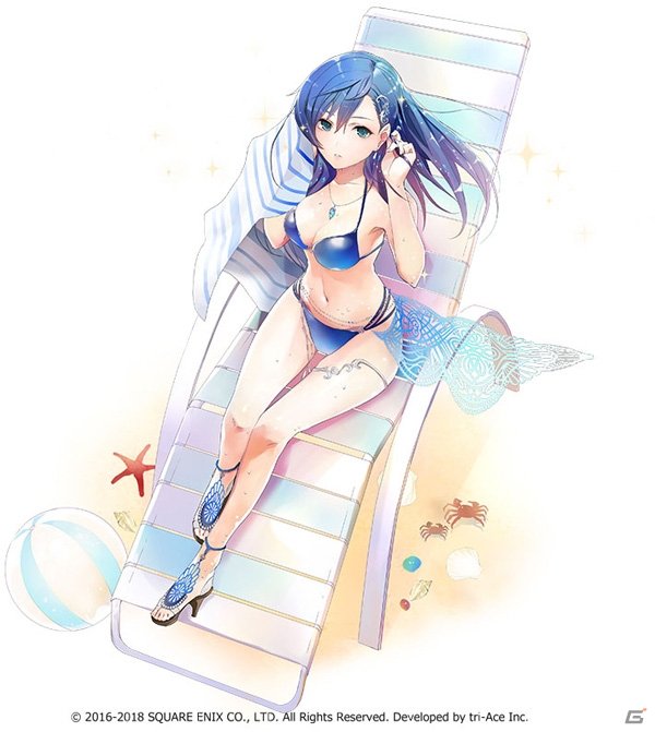 1girl artist_request blue_hair breasts cleavage commentary_request green_eyes long_hair looking_at_viewer maria_traydor official_art solo star_ocean star_ocean_till_the_end_of_time swimsuit