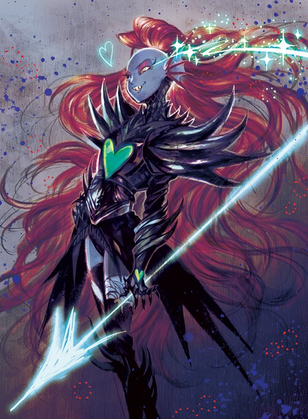 absurdly_long_hair armor blue_skin heart long_hair monster_girl polearm red_hair shoulder_spikes smile solo spear spikes takatora undertale undyne undyne_the_undying very_long_hair weapon