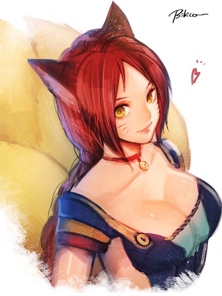 ahri alternate_hair_color animal_ears arms_at_sides bibiko braid breasts cleavage fox_ears fox_tail foxfire_ahri from_above heart large_breasts league_of_legends light_smile lips long_hair looking_at_viewer multiple_tails red_hair single_braid solo tail upper_body whisker_markings yellow_eyes