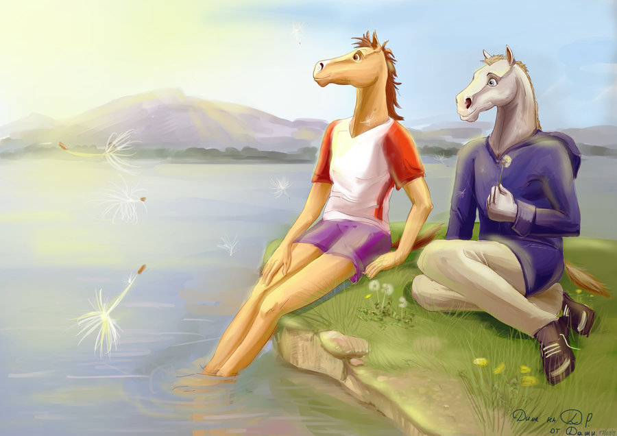 2011 anthro blue_sky brown_eyes clothed clothing cream_fur dandelion day detailed_background digital_media_(artwork) duo equine flower footwear fur grey_fur hoodie horse lake landscape mad_depos male mammal mane mountain outside pants partially_submerged plant shirt shoes shorts signature sitting sky young