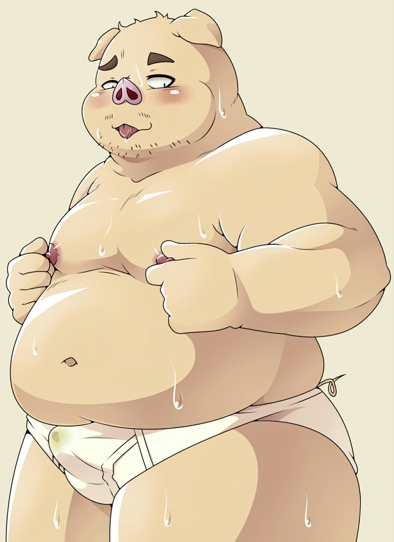 2019 anthro belly blush bulge clothing humanoid_hands male mammal moobs navel nipples overweight overweight_male pig pomupomu490 porcine simple_background solo sweat tongue tongue_out underwear
