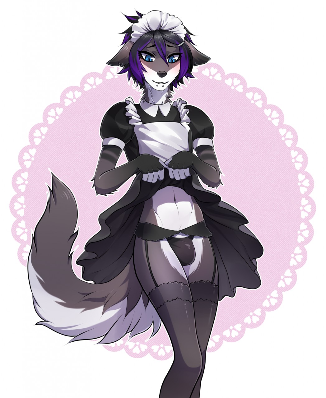 anthro canine clothed clothing crossdressing male mammal rkt simple_background slate_wolf solo standing wolf