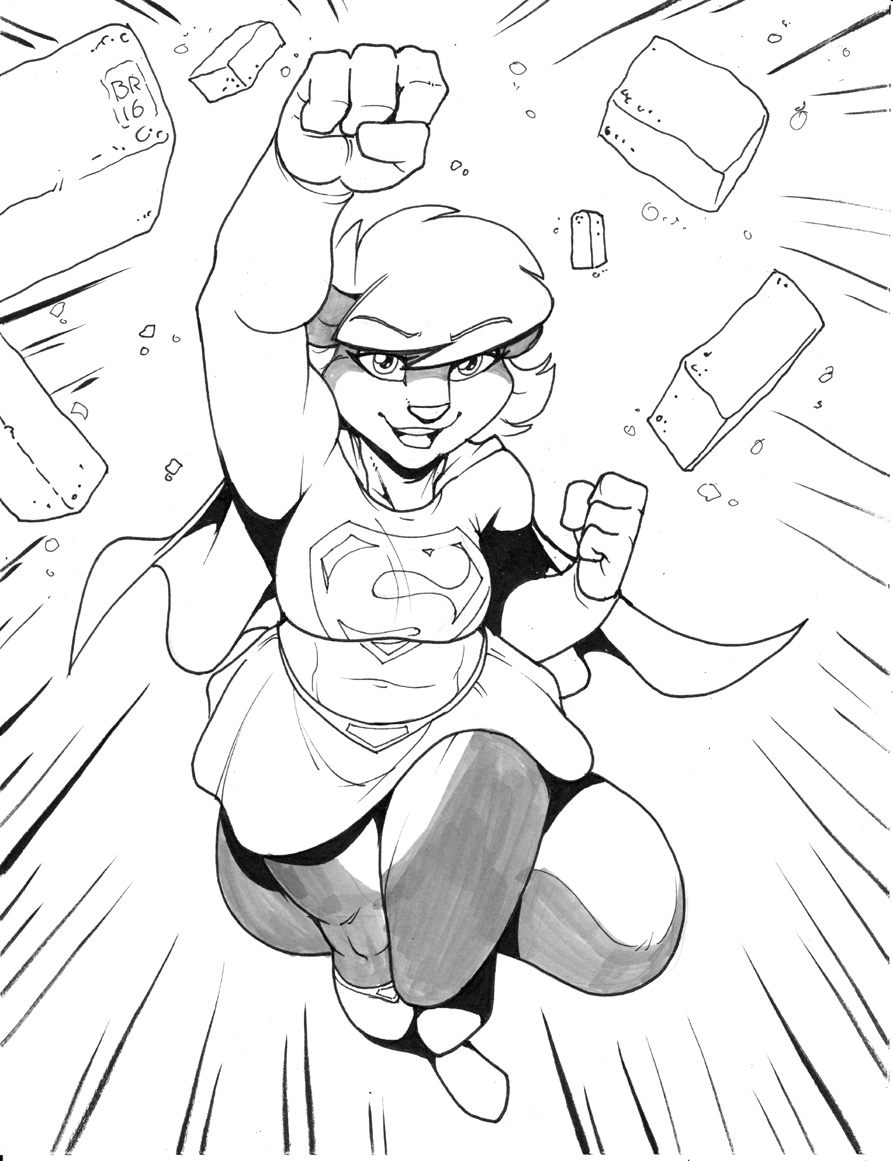 2016 action_pose anthro armpits brick cape clothing cosplay female flying looking_at_viewer mammal max_blackrabbit monochrome open_mouth punch sabrina_(sabrina_online) sabrina_online simple_background skirt skunk smile solo supergirl webcomic white_background