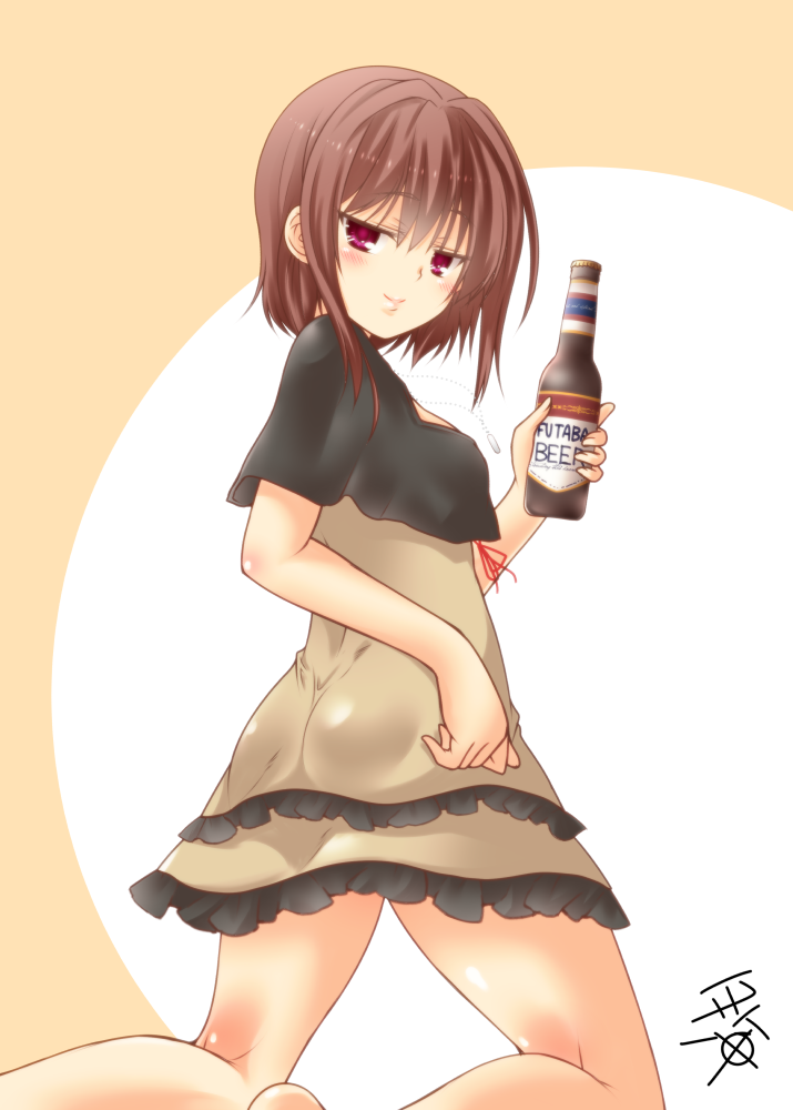 alcohol bare_legs beer beer_bottle blush bottle breasts brown_eyes brown_hair closed_mouth commentary_request from_behind holding kneepits looking_at_viewer looking_back original short_hair small_breasts smile solo yua_(checkmate)