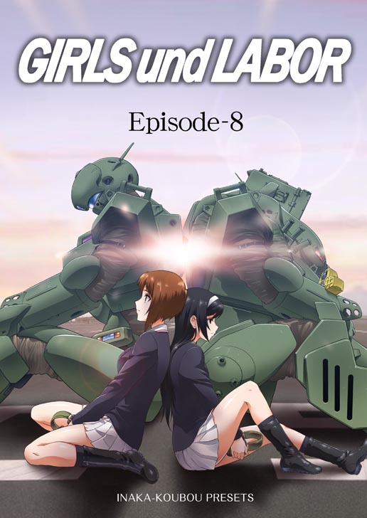 2girls arl-99_helldiver back-to-back byeontae_jagga commentary_request crossed_legs doujinshi english_text girls_und_panzer headset kidou_keisatsu_patlabor mecha multiple_girls nishizumi_miho ooarai_military_uniform reizei_mako school_uniform science_fiction sitting