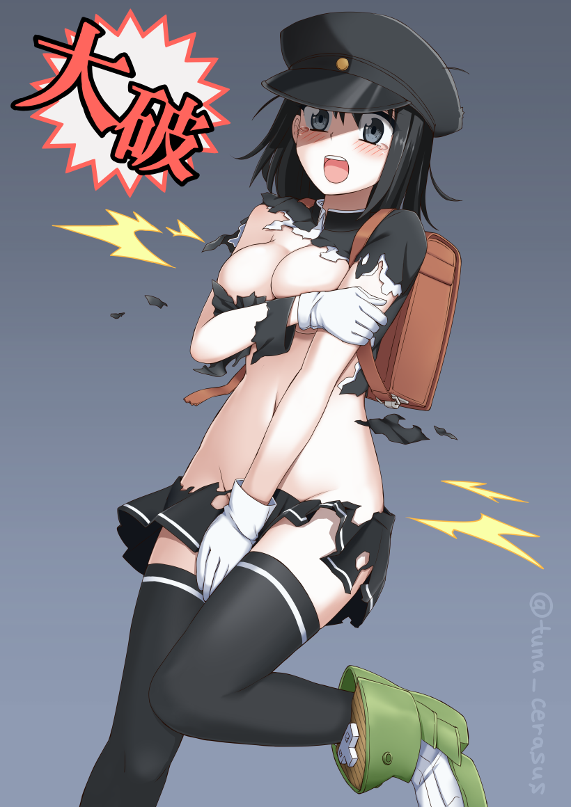 akitsu_maru_(kantai_collection) arm_grab artist_name backpack bag black_eyes black_hair black_hat black_legwear black_skirt blue_background blush cerasus covering covering_breasts covering_crotch embarrassed exploding_clothes gloves hair_between_eyes hat kantai_collection looking_at_viewer navel no_panties open_mouth peaked_cap randoseru remodel_(kantai_collection) simple_background skirt solo standing standing_on_one_leg tears thighhighs torn_clothes twitter_username white_gloves