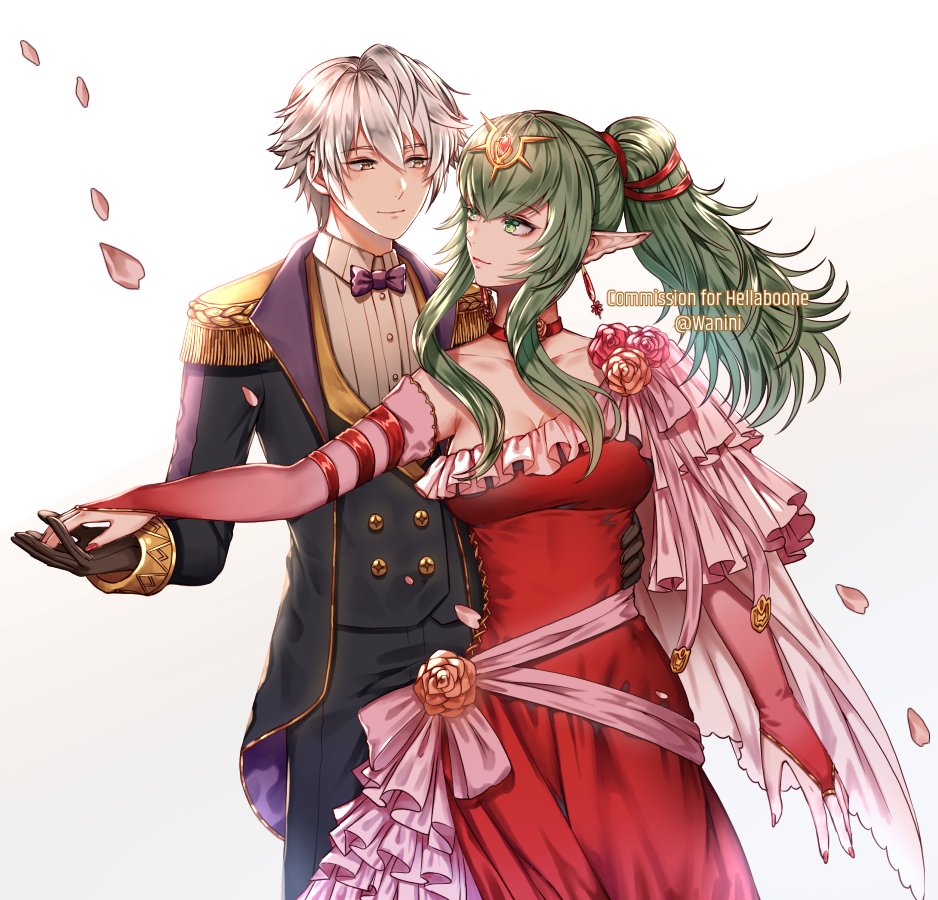 1boy 1girl bare_shoulders blush bracelet breasts cape chiki couple dancing dress elbow_gloves fire_emblem fire_emblem:_kakusei fire_emblem:_monshou_no_nazo formal gloves green_eyes green_hair hair_ornament hair_ribbon hand_holding jewelry large_breasts long_hair male_my_unit_(fire_emblem:_kakusei) mamkute my_unit_(fire_emblem:_kakusei) nintendo pink_dress pointy_ears ponytail red_dress ribbon robe short_hair simple_background smile suit tiara wani_(fadgrith) white_hair