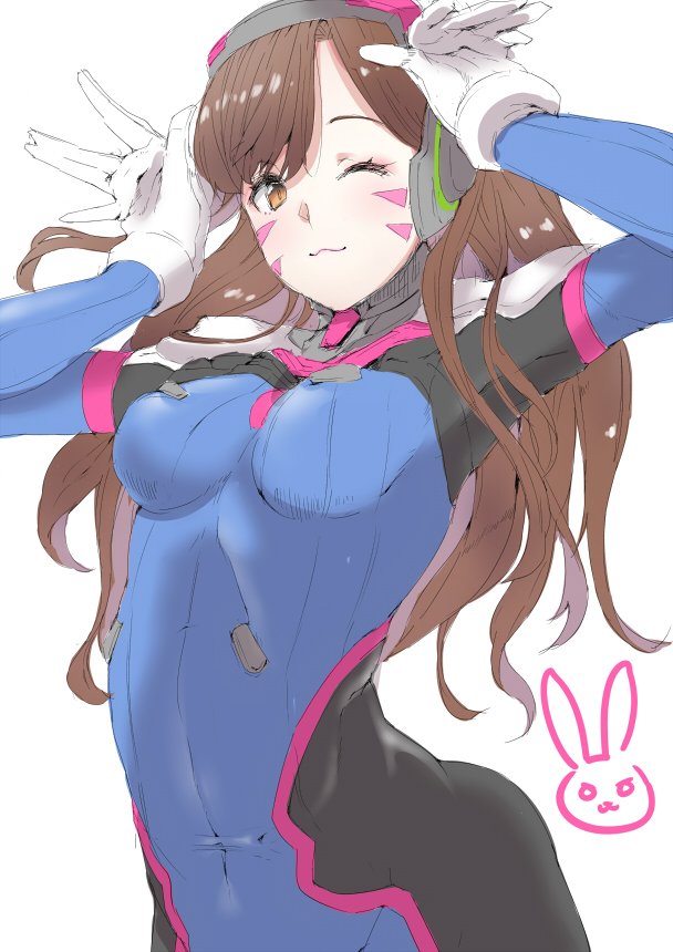 ;3 armor bad_id bad_twitter_id bangs bodysuit breasts brown_eyes brown_hair bunny_pose covered_navel d.va_(overwatch) facepaint facial_mark gloves hands_up headphones high_collar hrk173 long_hair looking_at_viewer medium_breasts one_eye_closed overwatch pilot_suit shoulder_pads simple_background smile solo turtleneck upper_body whisker_markings white_background white_gloves