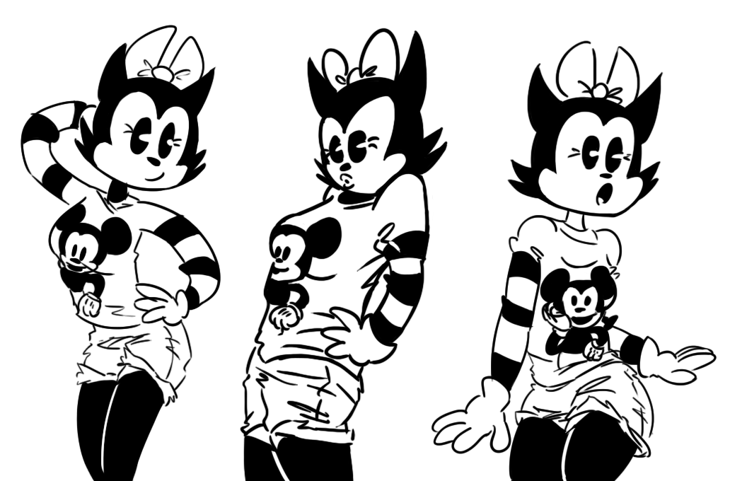 anthro black_and_white bow breasts cat clothing disney eyelashes feline female gloves hand_on_hip mammal mickey_mouse monochrome open_mouth pose shirt smaggthesmug smile solo_focus
