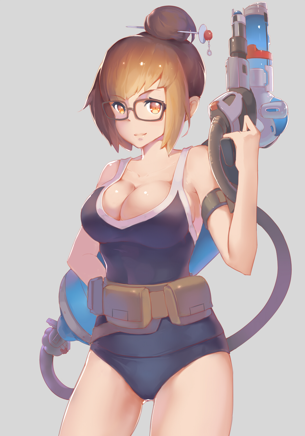 beads black-framed_eyewear blue_swimsuit breasts brown_eyes brown_hair cleavage cowboy_shot glasses grey_background hair_bun hair_ornament hair_stick highres large_breasts looking_at_viewer mei_(overwatch) one-piece_swimsuit overwatch simple_background solo swimsuit yong_mei-uta