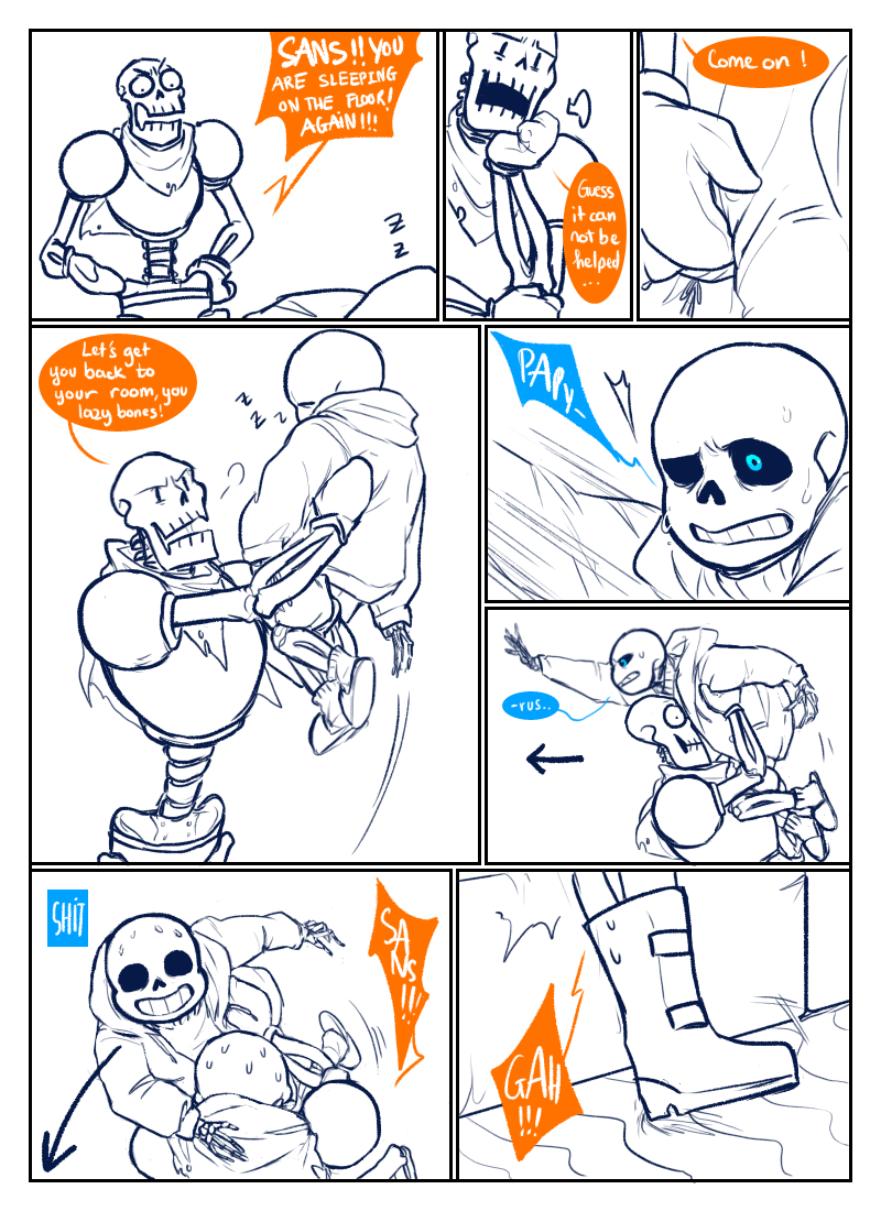 ! ... animated_skeleton annoyed blue_eyes bone clothing comic dialogue english_text male papyrus_(undertale) sans_(undertale) skeleton sleeping sweat text undead undertale unknown_artist video_games