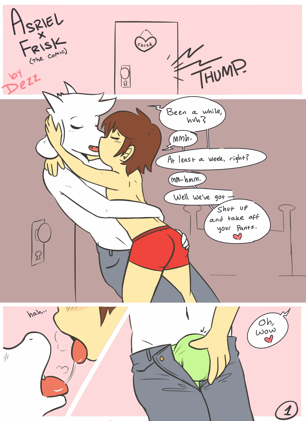 &lt;3 2016 asriel_dreemurr boss_monster bulge caprine clothed clothing comic dezz dialogue english_text goat grope human kissing male male/male mammal protagonist_(undertale) text topless undertale underwear video_games
