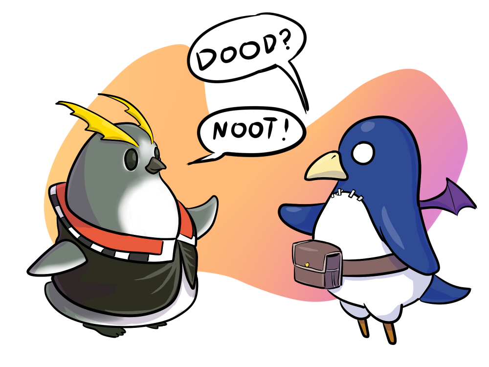 abstract_background alpha_channel ambiguous_gender avian belt blue_body clothing duo english_text ever_oasis gradient_background grey_body lesserdrawbro nintendo no_pupils noot prinny simple_background text video_games white_body yellow_body