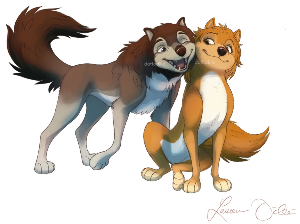 2014 alpha_and_omega canine canon_couple cuddling cute daffodille duo female feral humphrey kate_(alpha_and_omega) looking_back male male/female mammal romantic_couple simple_background smile white_background wolf