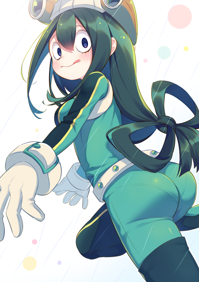 3: ass asui_tsuyu bangs belt black_hair blue_eyes blush bodysuit boku_no_hero_academia boots bow_by_hair bracer breasts circle closed_mouth eyelashes gloves goggles goggles_on_head green_bodysuit green_hair hair_between_eyes hair_rings large_breasts long_hair long_sleeves long_tongue looking_at_viewer looking_back low-tied_long_hair pantylines rain skin_tight solo tongue tongue_out white_background white_gloves yamcha_(cocololi)