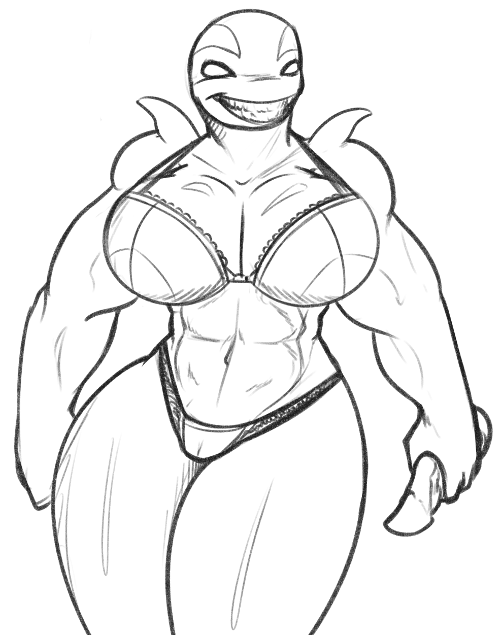 anthro big_breasts black_and_white breasts cetacean clothing female grin huge_breasts lingerie mammal marine monochrome muscular muscular_female no_irises orca orca_(batman) solo unknown_artist whale
