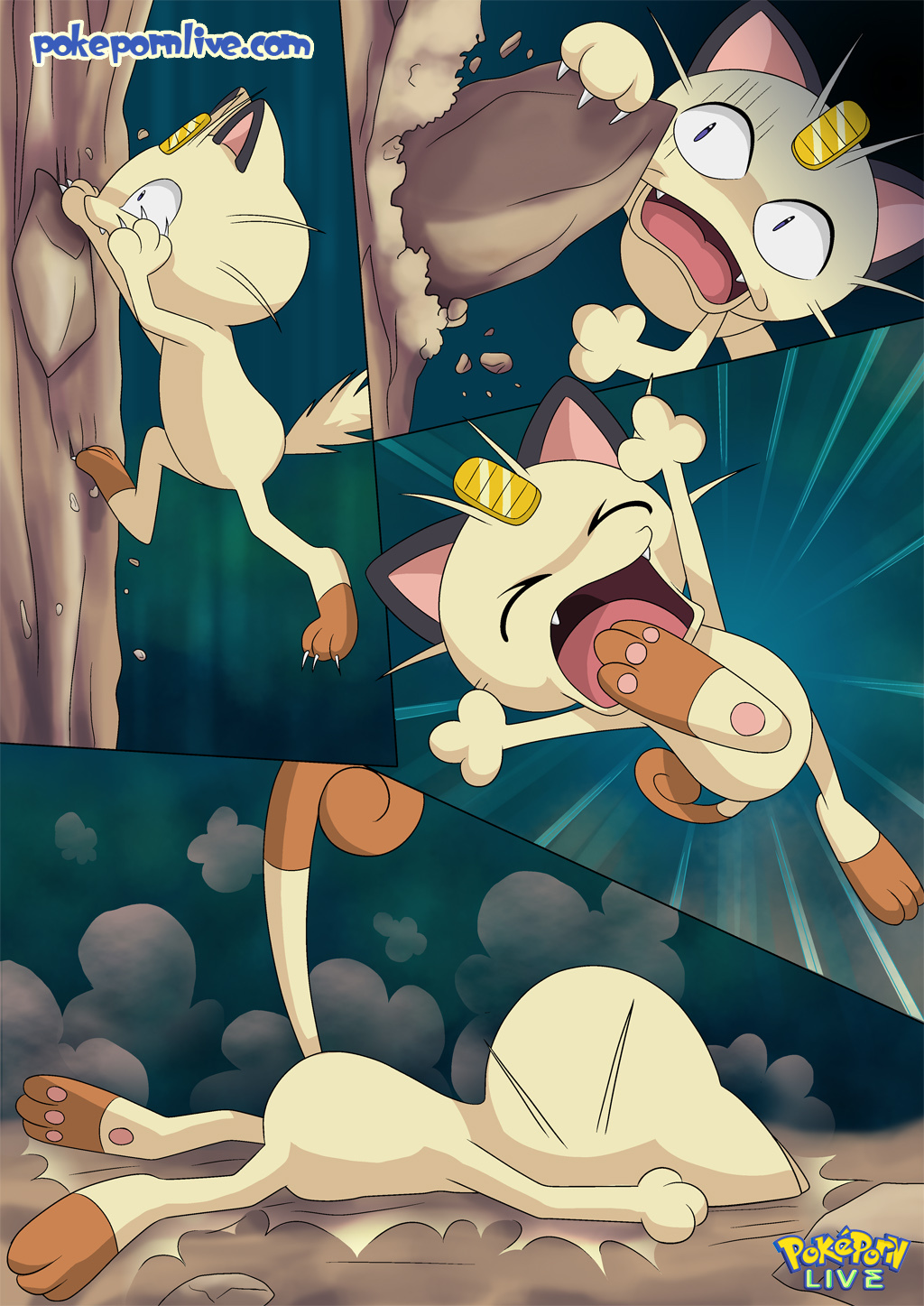 anthro bbmbbf claws comic falling feline forest hi_res male mammal meowth nintendo palcomix pok&eacute;mon pokepornlive screaming toe_claws tree video_games