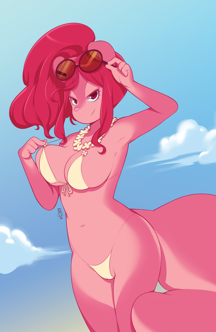 anthro big_breasts bikini breasts camel_toe clothed clothing eyewear female hair looking_at_viewer mammal miu navel raspberry_(miu) red_eyes red_hair smile solo sunglasses swimsuit