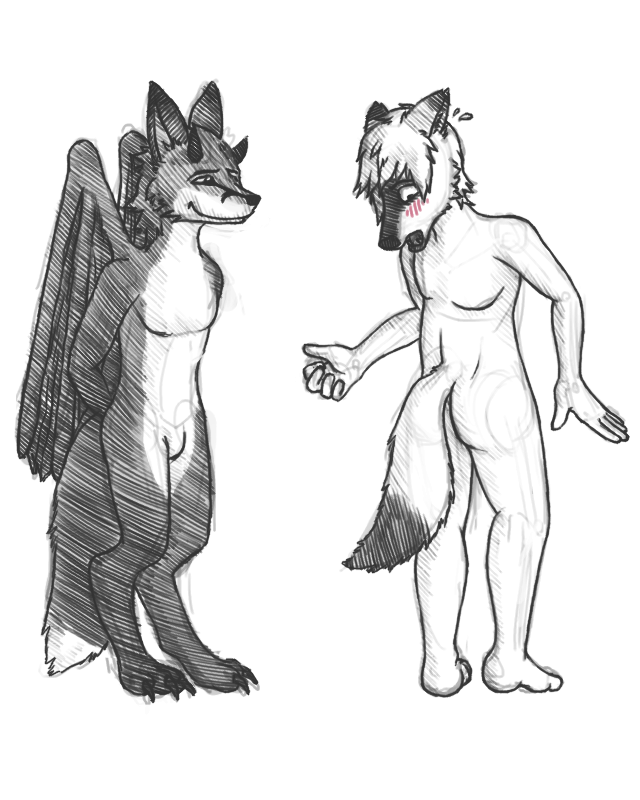anthro blush canine dipstick_tail dragon duo featureless_crotch fox frontbutt hybrid male mammal monochrome multicolored_tail okami-the-wolf simple_background sweat what white_background wings wolf