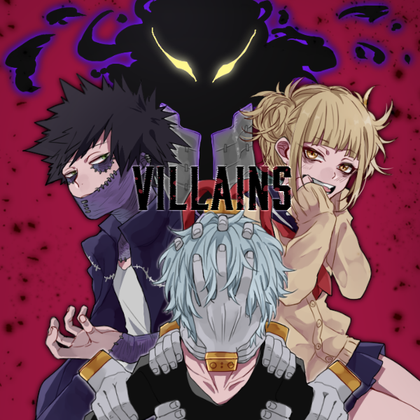 1girl 3boys bangs blonde_hair blunt_bangs boku_no_hero_academia cardigan dabi dabi_(boku_no_hero_academia) kurogiri messy_hair multiple_boys school_uniform serafuku shigaraki_tomura skirt toga_himiko yellow_eyes