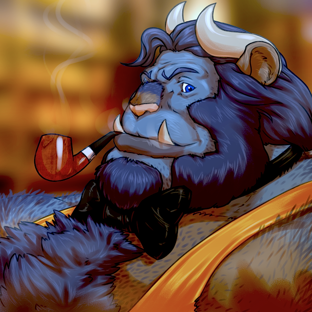 anthro beard blue_eyes blue_hair body_hair chest_hair clothing facial_hair fangs hair hairy hi_res horn looking_at_viewer male manly mature_male monster muscular muscular_male necktie pecs pink_nose pipe shirt side_view sideburns simple_background smile smoke smoking solo standing teeth zhu zhu_(artist)