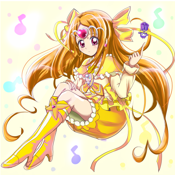 aitaso boots bow brooch brown_hair bubble_skirt circlet cure_muse_(yellow) dodory earrings eighth_note fairy_tone frills hair_bow headband heart jewelry knee_boots long_hair looking_at_viewer magical_girl musical_note precure red_eyes shirabe_ako skirt solo suite_precure yellow_bow yellow_footwear yellow_skirt