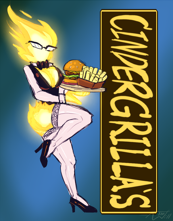 bow_tie breasts burger cindergrilla_(under(her)tail) clothing digital_media_(artwork) eyewear female fire food footwear fries glasses high_heels pinup pose thewill under(her)tail